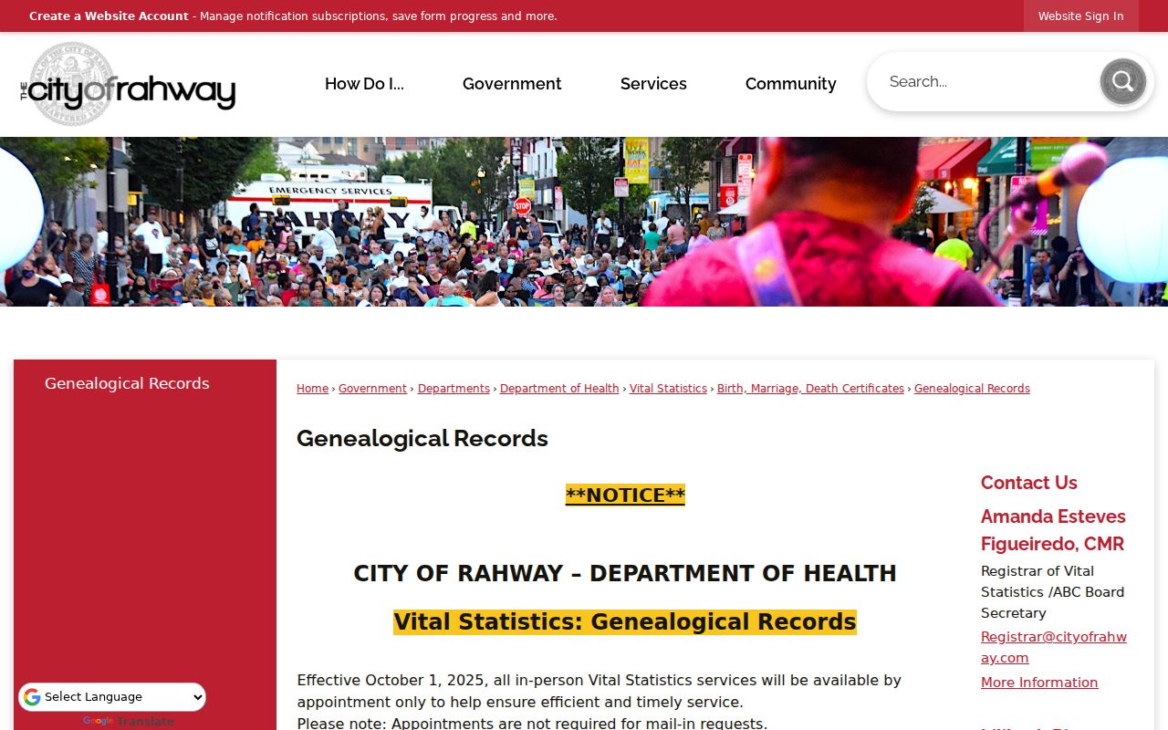 Rahway resident lookup with the city genealogical records route