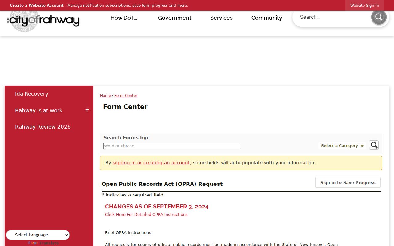 Rahway residents directory municipal OPRA request form