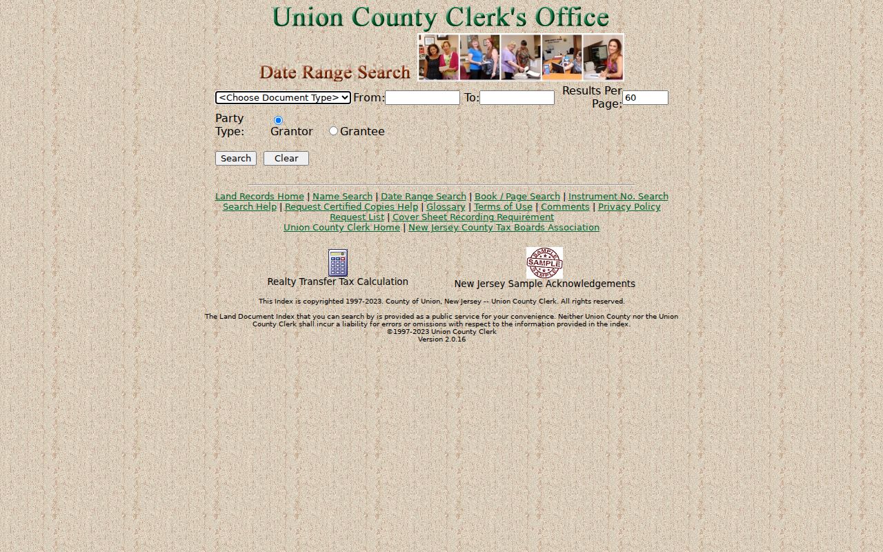 Rahway street directory Union County Clerk date search screen