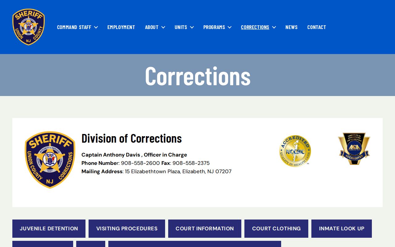 Rahway residents directory Union County Corrections inmate lookup route